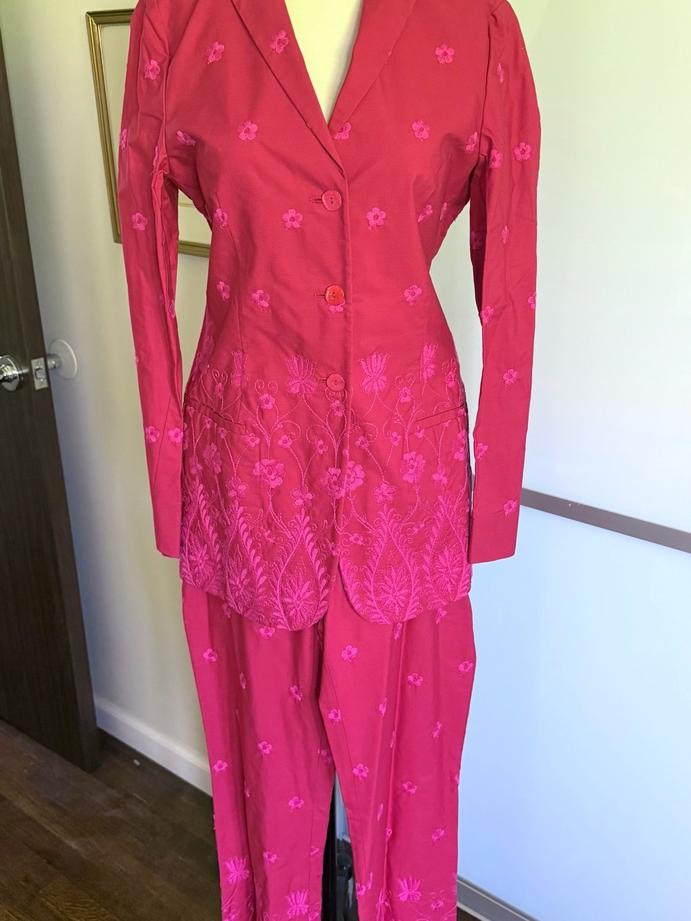 Vintage Romeo Gigli Magenta Floral Embroidered Blazer and Pants Coord Set  NWT